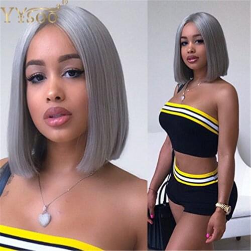 YYsoo Lace Front Silver Gray Short Straight Bob Wigs With Middle Part Synthetic Wig Fiber Heat Resistant For Women Daily Use