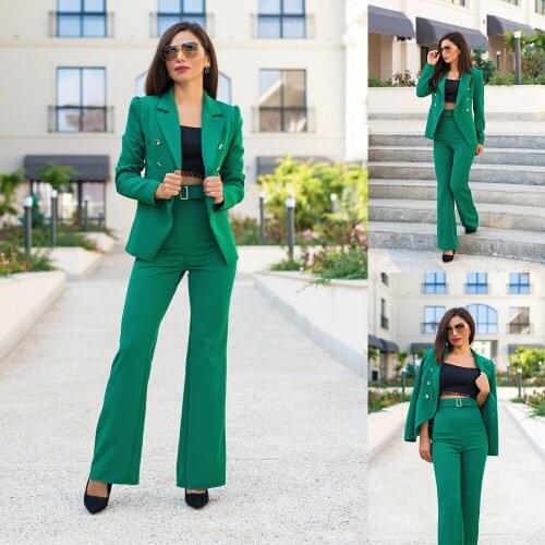 Green Casual Womens Blazer Suit With Wide Leg Pants Fashion Jacket Free Style For Daily Business Office Ladies