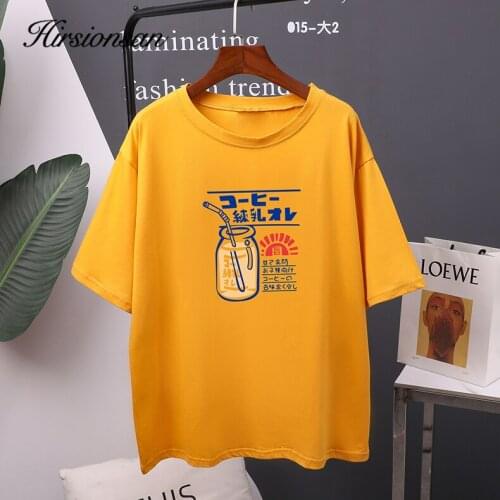 Hirsionsan Printed T Shirt Women 2020 New Hot Kawaii Sweet O Neck Tshirts 100% Cotton Tees Soft Casual Girls Tops 7 Colors