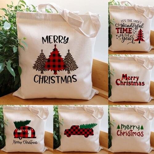 Ladies White Canvas Shoulder Totes Bags Reusable Cloth Bags Xmas Gift Women Shopping Bag with Plaid Tree Merry Christmas