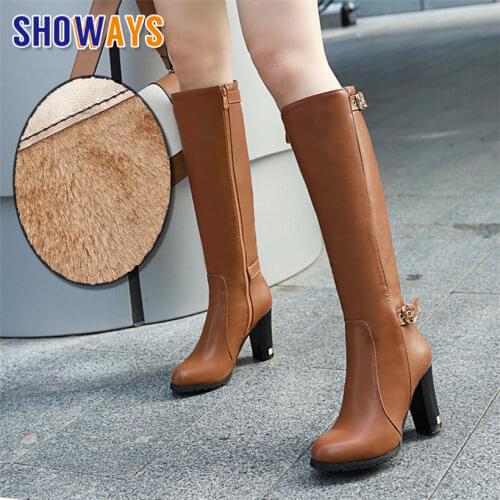 2020 Winter Women Plush Knee High Boots Black Brown Round Toe Chunky Block Heels Casual Party Lady Fur Buckle Zipper Long Boots