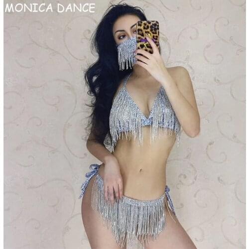 Nightclub Sexy Stage Silver Rhinestones Fringe Bra Short Outfit Set Bar Prom Bikini Women Singer Dancer Evening Outfit Set