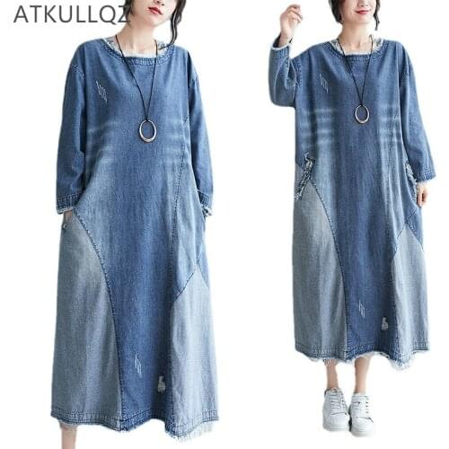 Autumn New Loose Large Size Over The Knee Long Round Neck Denim Dress Female Hidden Meat Was Thin and Old Stitching Long Skirt