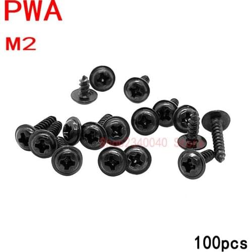 100Pcs/lot M2 PWA Black Phillips Screw Self_tapping Screws With Pad Cross Round Head Self Tapping Screw Wood Screw