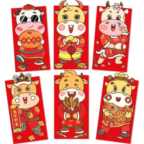 6pcs/set Chinese New Year Red Money Envelopes Year of the OX Cartoon Cash Bag，New Years New Year Cartoon Bag