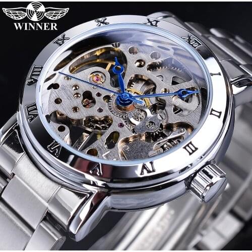 Winner Roman Analog Skeleton Dial Transparent Mechanical Watch Silver Stainless Steel Sports Watch Waterproof Top Brand Clock
