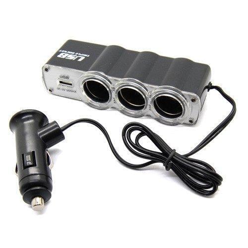 Car 3 Way Car Cigarette Lighter Socket Splitter Charger Power Adapter DC+USB Port Plug 12V-24V