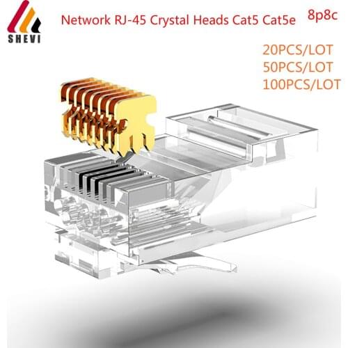 Connect20/50/100pcs RJ45 Connector 6U Gold PlatedPass Through Ethernet Cables Module Plug Network RJ-45 Crystal Heads Cat5 Cat5e