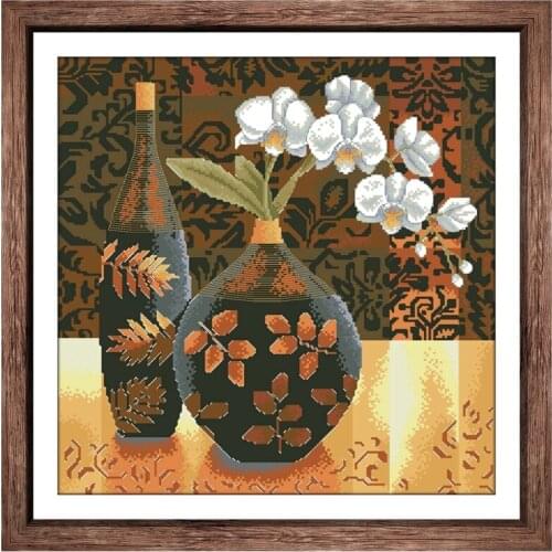 Flower and black porcelain pot cross stitch kit food aida fabric 18ct 14ct 11ct unprint canvas cotton thread embroidery kits DIY