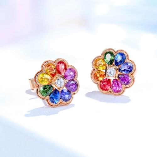 Exquisite Colorful Flower Stud Earrings With Shiny Zircon Charm Piercing Jewelry For Women Wedding Party Fashion Statement Gift