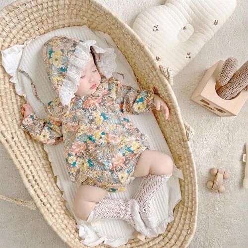 Spring Autumn Baby Girls Full Sleeve Floral Rompers+Lace Hats 2pcs Infant Newborn Princess Birthday Party Clothes Sets Jumpsuits