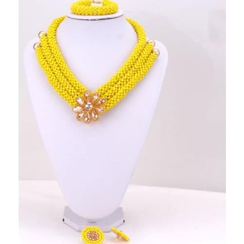 Dudo Store Yellow African Jewelry Set 4mm Crystal Beads Beaded Necklace Bracelet Earrings Set For Nigerian Weddings Bridal Party
