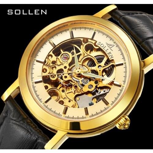 SOLLEN Transparent Case Self Winding Skeleton Luxury Design Mens Watch Waterproof Automatic Watches Sapphire Glass Mirror Watch