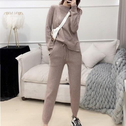 New Winter Women Knitted Two Piece Set Long Sleeve O Neck Pullover Sweater +High waist Pocket Tracksuits Pant Suit 2 Pcs Outfits