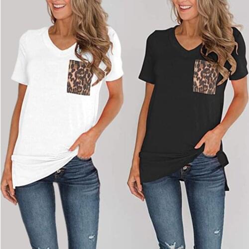 New Summer Women Leopard Pocket Pullover T-shirt Casual V-neck Short-sleeved Loose Tops ladies tees Fashion Street White Tshirt