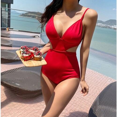Sexy Deep V-neck Cut Out Bandage Swimwear Swimsuit Solid Monokini Push Up Pad Beachwear Trikini One Piece Bathing Suit