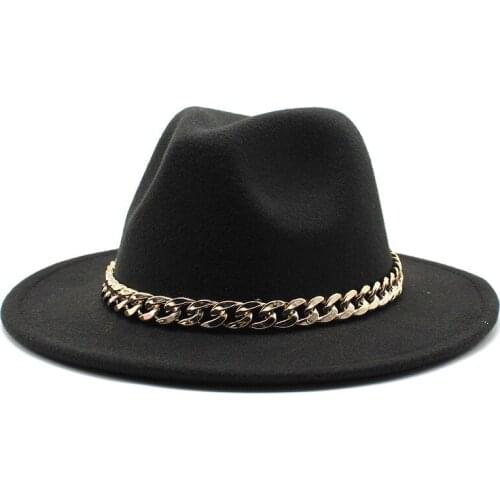 European American Big Chain Fedoras Fuax Woolen Brim Felt Cap Jazz Men Women Hat SA751