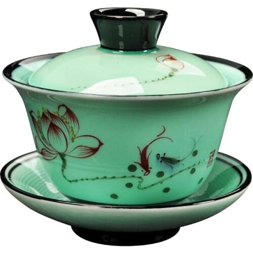 Lotus Vintage Gaiwan Ceramic Porcelain Hand Painted Fish Pattern Tea Bowl with Lid Saucer Kit Drinkware Teaware Teapot Decor