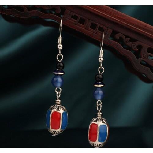 Vintage earrings,Ethnic New Blue and Red Cloisonne Drop Long earrings, nature stones earrings for women 2020 Jewelry