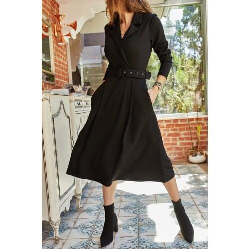 XHAN Women Black Double Pockets Arched Dress