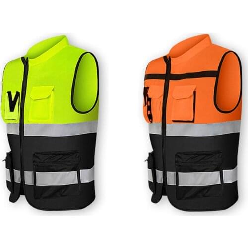 Multi-pockets High Visibility Zipper Front Safety Vest with Reflective Strips