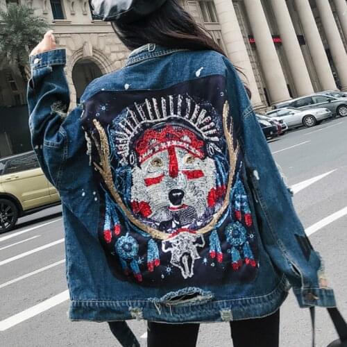 Embroidery Nail Bead Wolf Totem Turn Down Collar 2021 Spring Denim Jacket Women Hole Sequins Loose Jeans Jacket Women Clothes