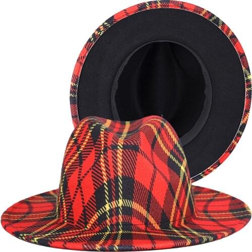 Red Grid Stripe Fedora Hats Panama Vintage Jazz Women Elegant Fedora Caps Autumn And Winter Wool Felt Fedora Hats