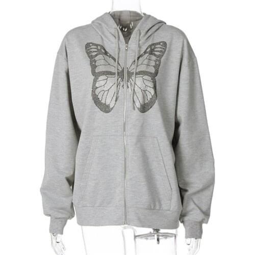 2020 Fashion Ladies Butterfly Diamonds Hoodie Ourwear Girls Autumn Solid Long Sleeve Casual Zipper Jacket for Vacation Gray