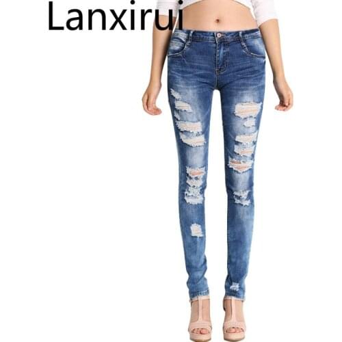 Low Waist Distressed Jeans New Ladies Cotton Denim Pants Stretch Womens Ripped Skinny Denim Jeans For Female