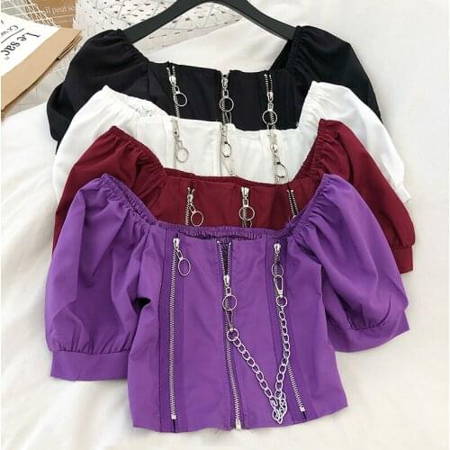 Pearl Diary T-Shirt Zip Up Crop Top Women Off Shoulder Tees Chains Long Sleeve Y2k T-shirts Gothic Dark Black Vintage Clothes