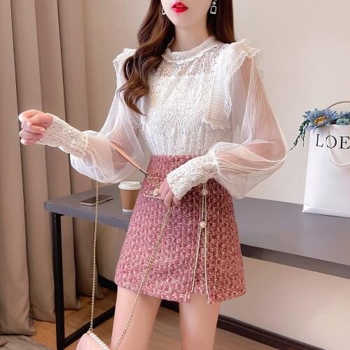 Spring Summer New Temperament OL Lantern sleeve Lace Ruffled Patchwork Shirt + Tweed Skirt Suits Two piece Outfits