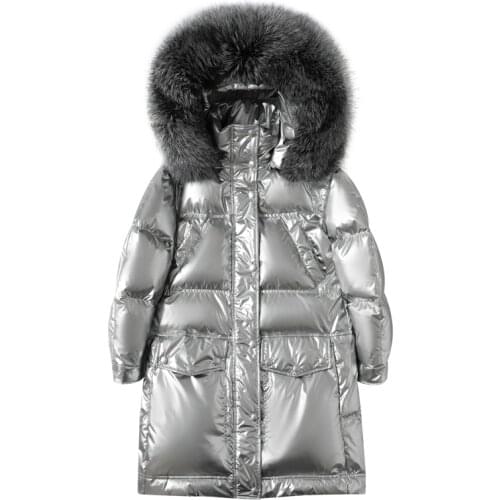 2021 Winter Glossy Raccoon Big fur collar Hooded Down Jacket Women Silver Long White duck Down Coat Waterproof Outerwear Parkas