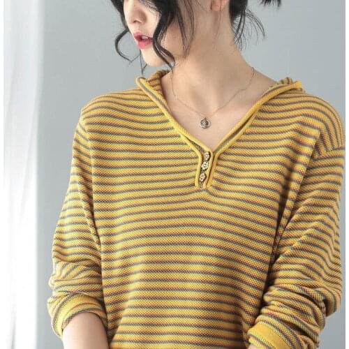 Casual Pullover Sweaters 100% Cotton Knitted Striped Hooded Pullovers New Arrival Autumn Korea Fashion Women Long Sleeve