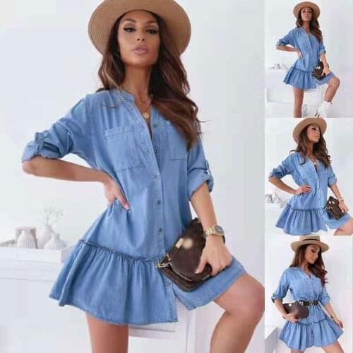 Dresses For Women 2021 Summer Loose Solid Color Single Breasted Short Sleeved Round Neck Denim Dress Shirt Women Dress Платье