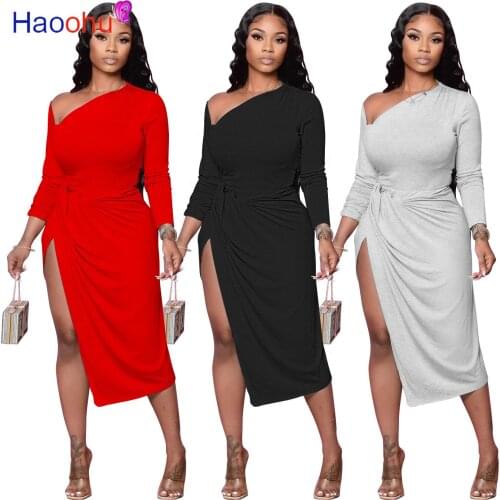 HAOOHU Women Midi Dress Solid Full Sleeve one Shoulder Bangdage Asymmetraical Mid-calf Dresses High Street Clothes Spring