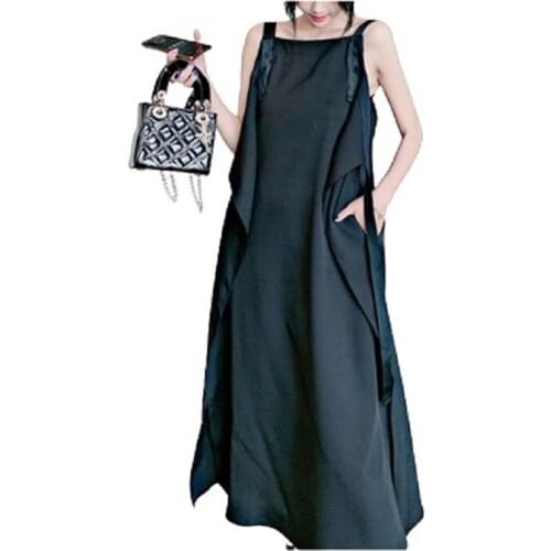 PERHAPS U Women Streetwear Causal Chiffon Black Lace Up Backless Camisole Strap Pullover Loose Split Mid Calf Length Dress D3054