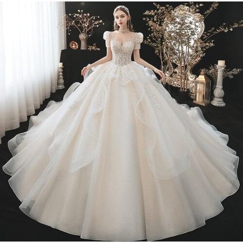 Robe De Soirée De Mariage Pearls High Neck Ball Gown Wedding Dresses Plus Size Suknia Slubna Tulle Vintage Vestidos De Novia