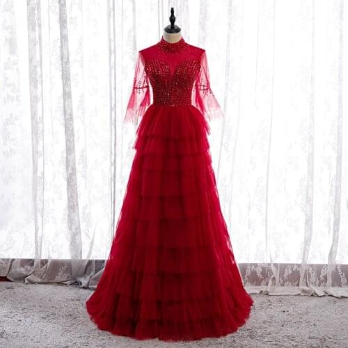 Bespoke Occasion Dresses Illusion High Half Sequined Beading Luxury Burgundy Backless Tulle Lace Women Formal Evening Gown HB241