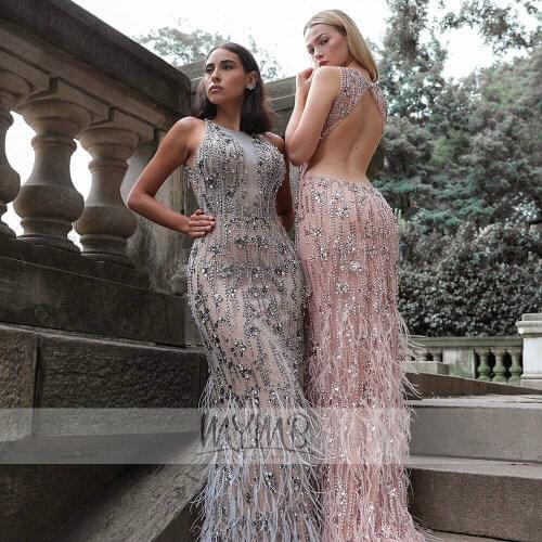 Fancy Sparkly Sheer Neck Evening Gown Prom Dress Feather Accented Couture Handmade Beading Backless Dinner Dresses For Women