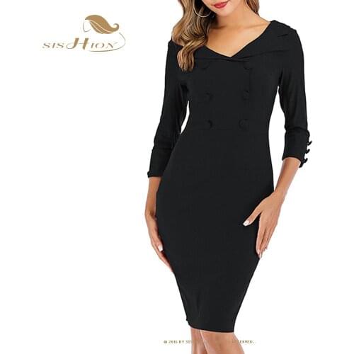 SISHION 2021 Women Spring Bodycon Pencil Dress High Waist 3/4 Sleeves Double Breasted Business Work Dress VD1846