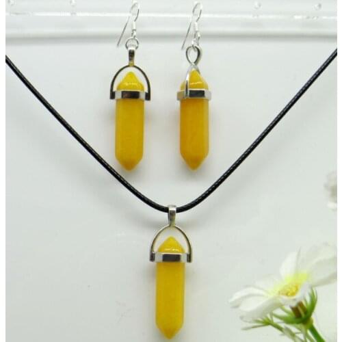 Natural Stone Quartz Crystal Opal lapis Mix stone Hexagonal Column Pendant Leather Chains Necklace Earrings charm Jewelry 1set