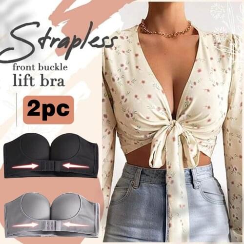 2PCS Black & Gray Womens Bras Low Cut Strapless Non-Slip Adjustment Rimless Dress Bra