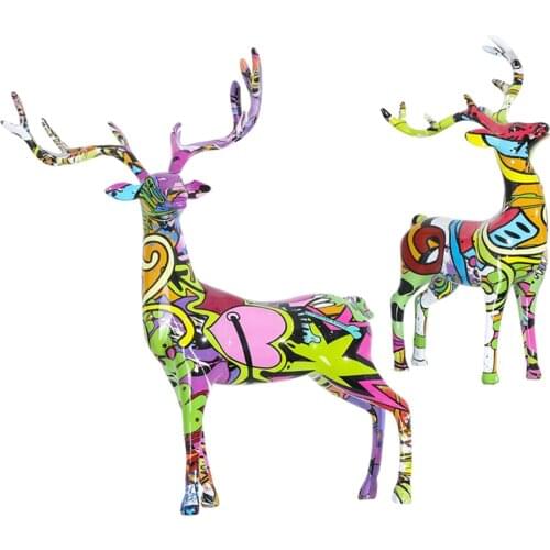 2x Graffiti Deer Figurine Colorful Shelf Animal Statue Geometry Ornaments