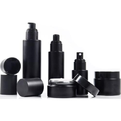 30ML 60ML 100ML Empty Round Matte Black Glass Spray Lotion Pump Bottle Cosmetic Packaging Container 30G 50G Cream Jar 8 pieces