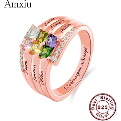 Amxiu Custom 2-6 Family Names Rings Personalized 925 Silver Ring with Birthstones DIY Large Zircon Rings For Women Mothers Gift