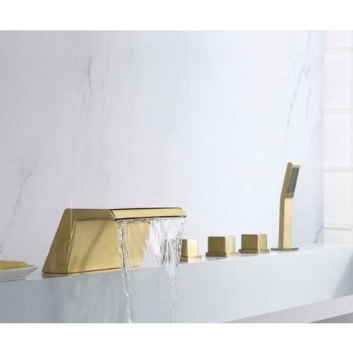 Free ship Brushed Gold 5-Hole widespread Deck Mounted Tub shower Faucet Solid Brass Waterfall Bath Shower Tap Square