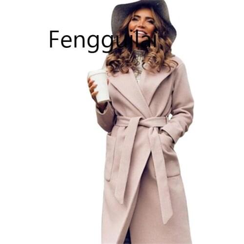 Elegant Long Womens Coat Lapel 2 Pockets Belted Jackets Solid Color Coats Female Outerwear