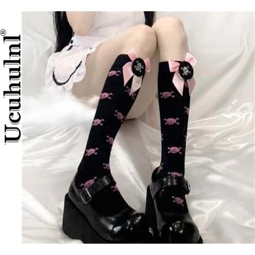 Harajuku Women Bow Socks Fashion Stockings Casual Cotton Thigh Gothic Cotton High Socks Girls Womens Female Long Knee Sock
