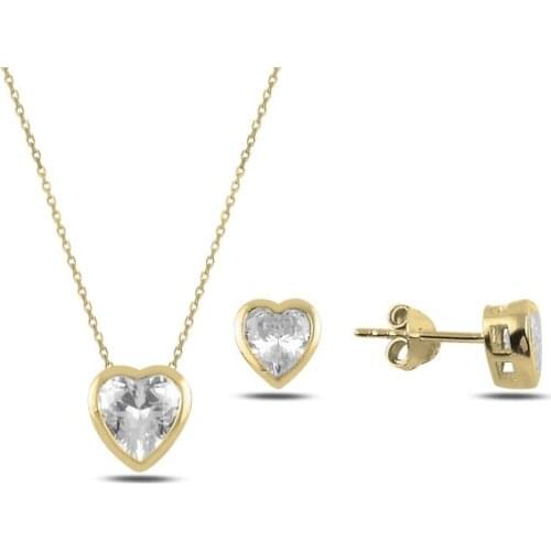 Kutaydan Zircon Cubic Zirconia Solitaire Heart 925 Sterling Silver Set Made in Turkey