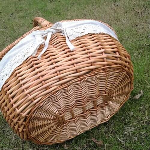 Picnic Basket Handmade Wicker Woven Handle With Lid Camping Hiking Shopping Food Storage Basket Fruit Storage Basket